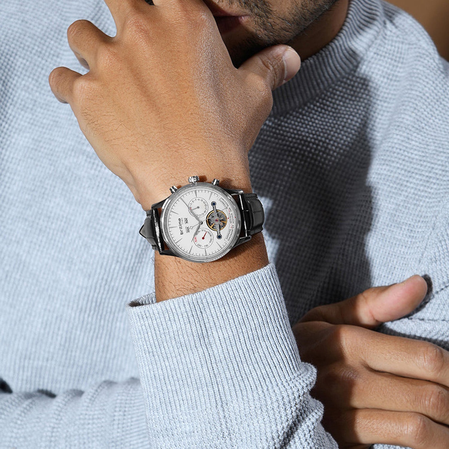 Celestial Men Automatic Silver Dial Chronograph Leather Watch 867-L10306