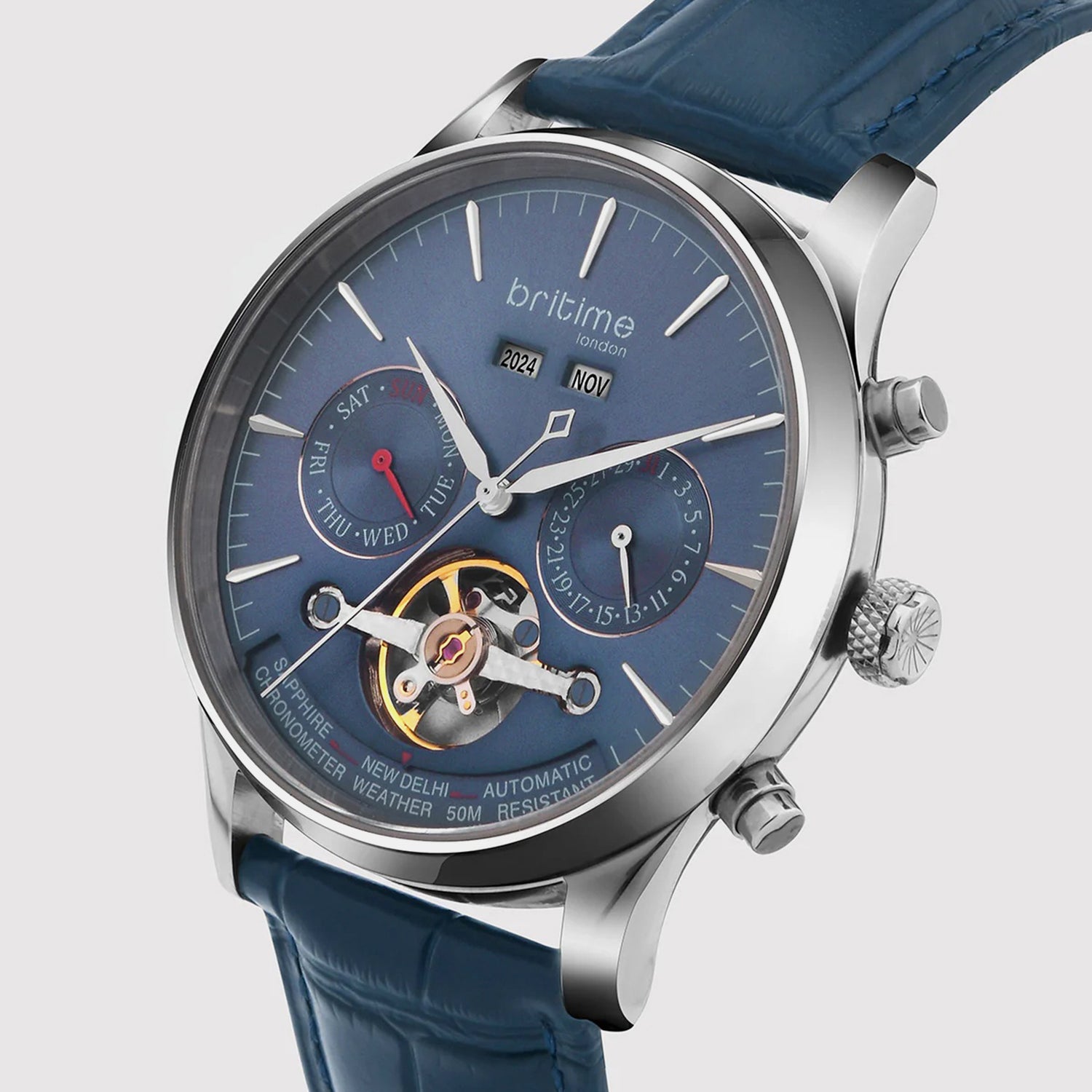 Celestial Men Automatic Blue Dial Chronograph Leather Watch 867-L10507