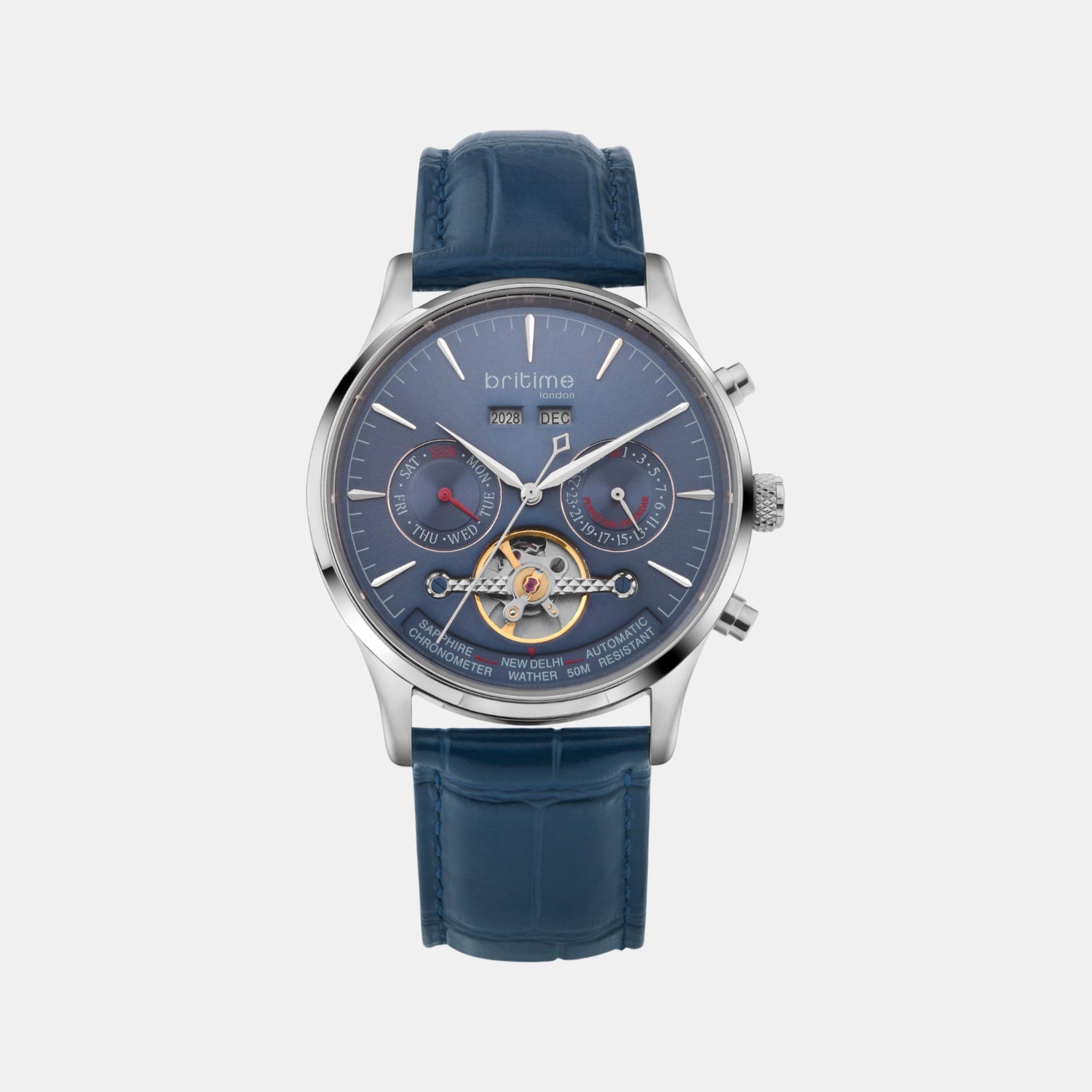 Celestial Men Automatic Blue Dial Chronograph Leather Watch 867-L10507