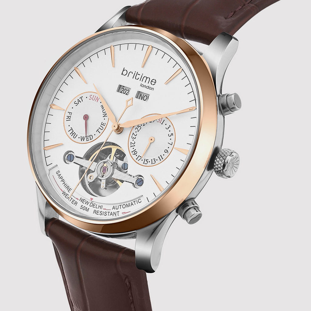 Celestial Men Automatic Silver Dial Chronograph Leather Watch 867-L30308