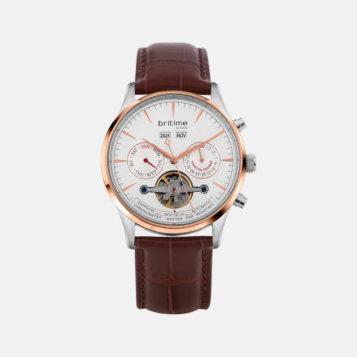 Celestial Men Automatic White Dial Chronograph Leather Watch 867-L30308