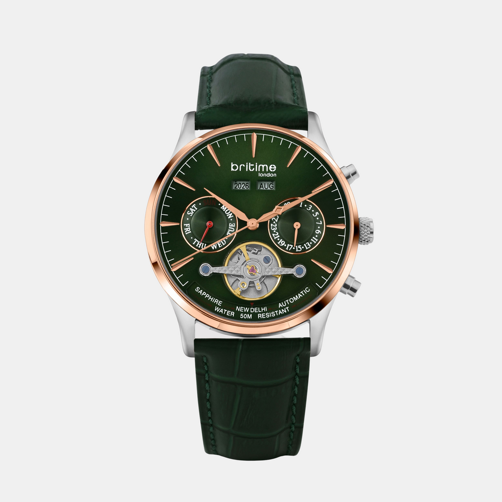 Men Automatic Green Dial Chronograph Leather Watch 867-L31412
