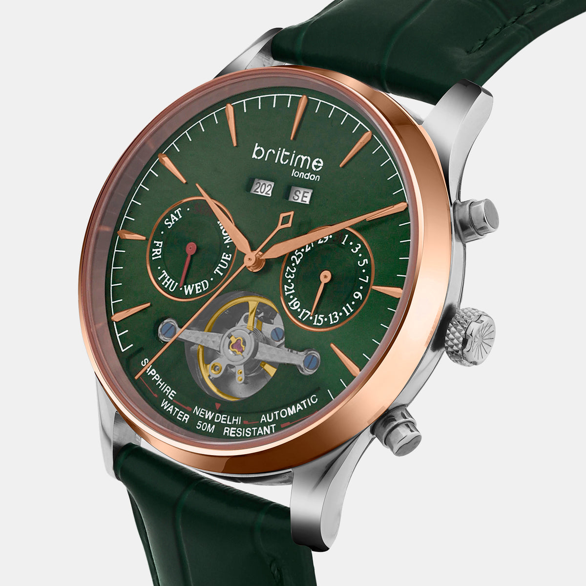 Men Automatic Green Dial Chronograph Leather Watch 867-L31412