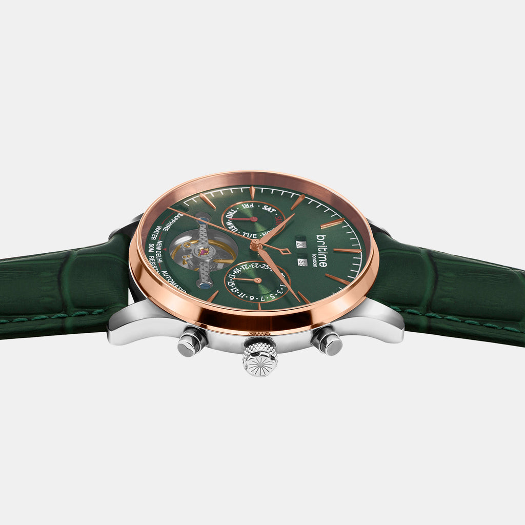 Men Automatic Green Dial Chronograph Leather Watch 867-L31412
