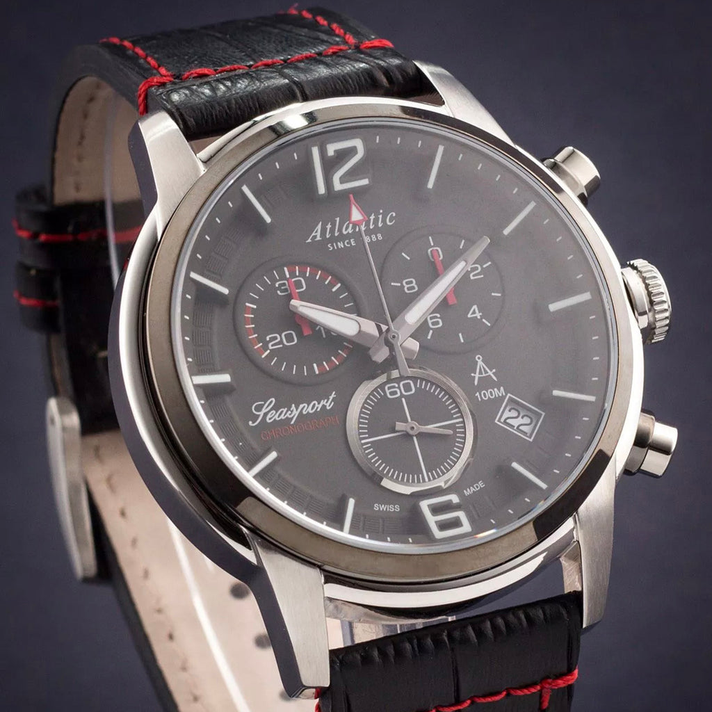 Seasport Men Quartz Black Dial Chronograph Leather Watch 87461.42.45