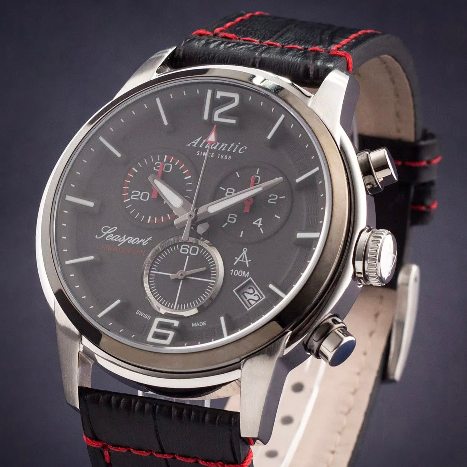 Seasport Men Quartz Black Dial Chronograph Leather Watch 87461.42.45
