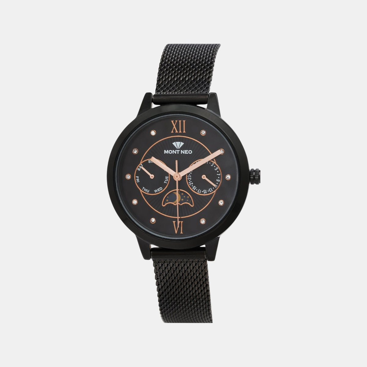 Women Quartz Black Dial Multi-Function Stainless Steel Watch 9003M-B4404