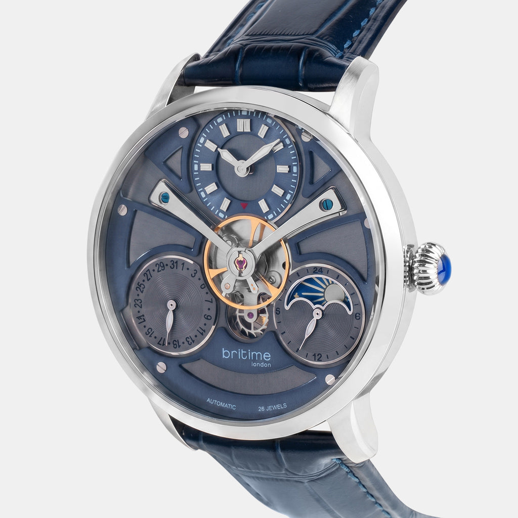 Men Automatic Blue Dial Multi-Function Leather Watch 962-L10507