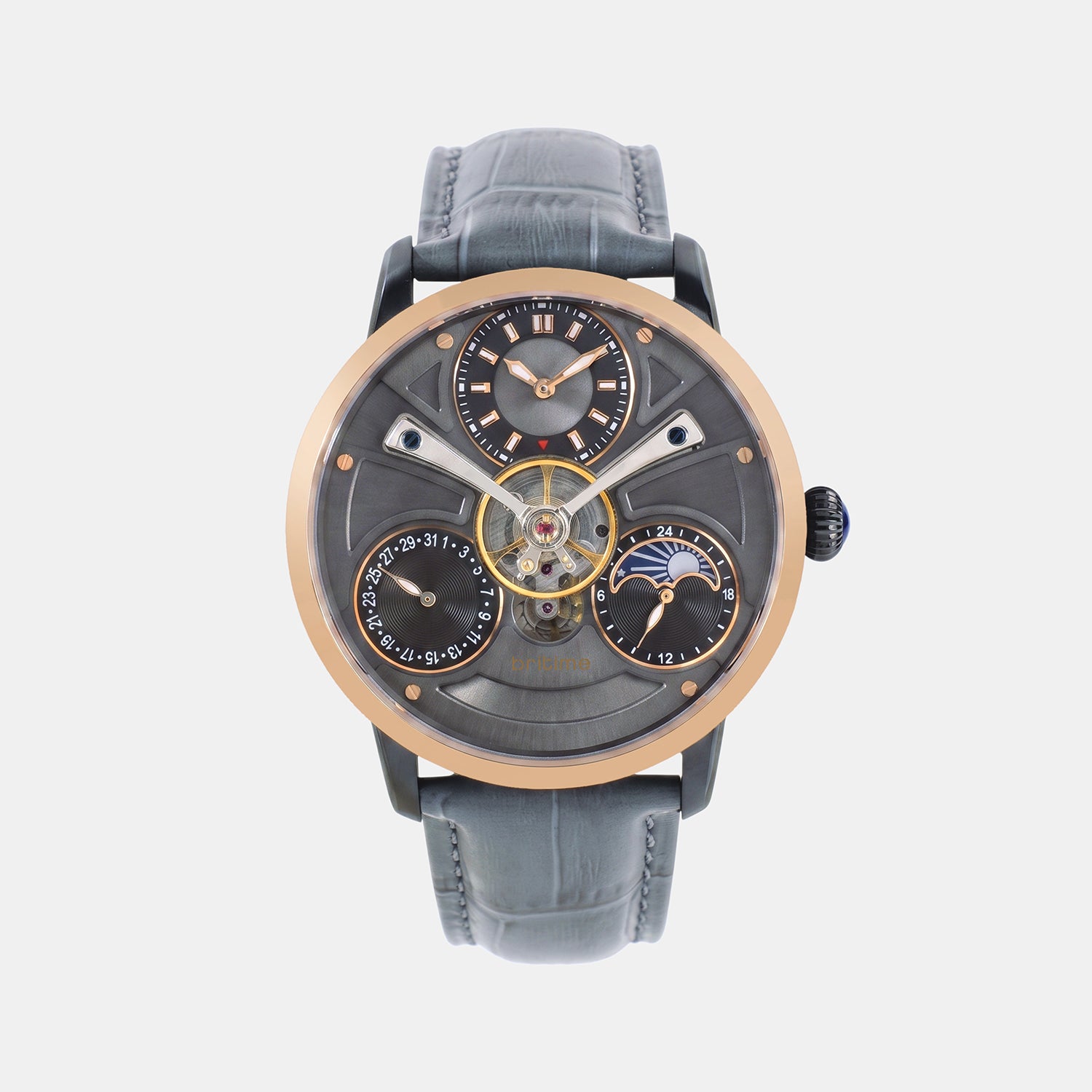 Men Automatic Grey Dial Multi-Function Leather Watch 962-L31509