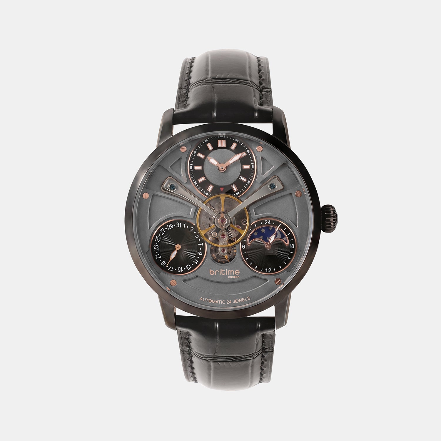 Men Automatic Grey Dial Multi-Function Leather Watch 962-L40406