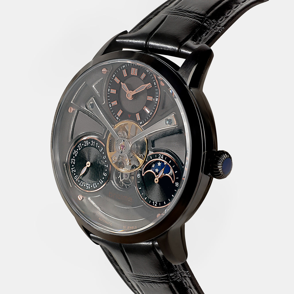 Men Automatic Grey Dial Multi-Function Leather Watch 962-L40406