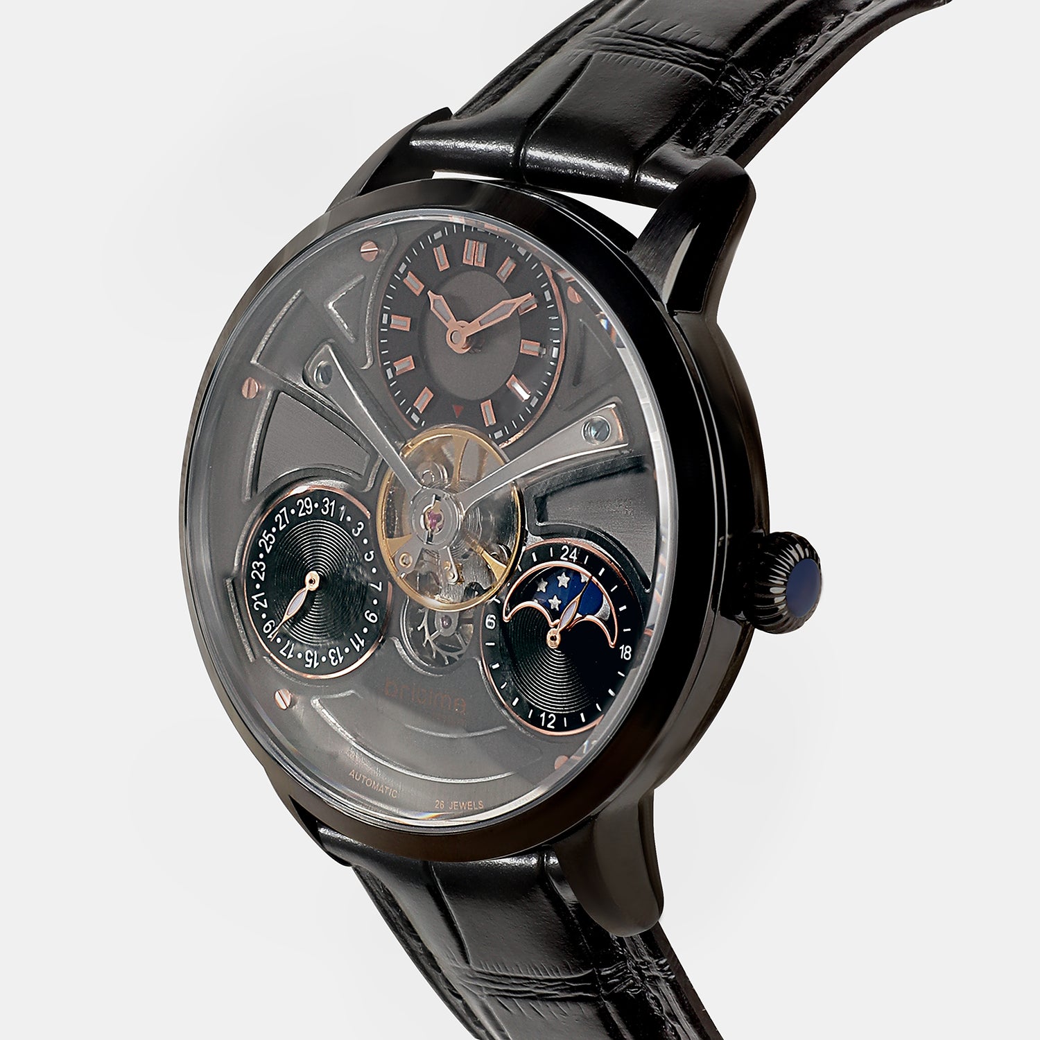 Men Automatic Grey Dial Multi-Function Leather Watch 962-L40406