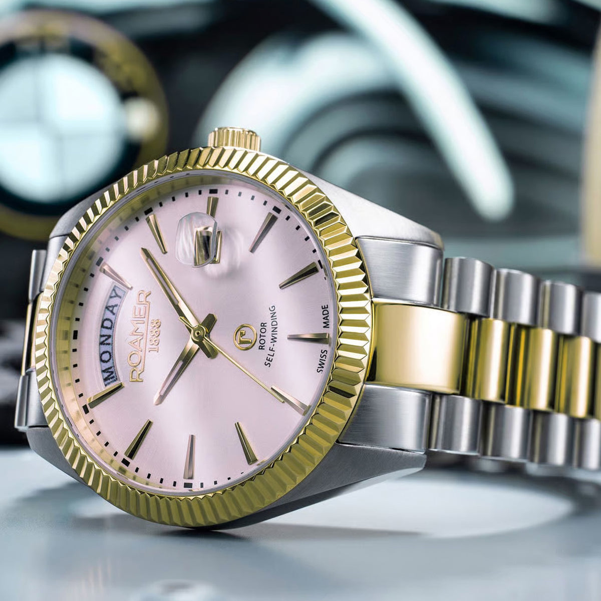 Primeline Daydate Men Mechanical Beige Dial Analog Stainless Steel Watch 981662 48 15 90