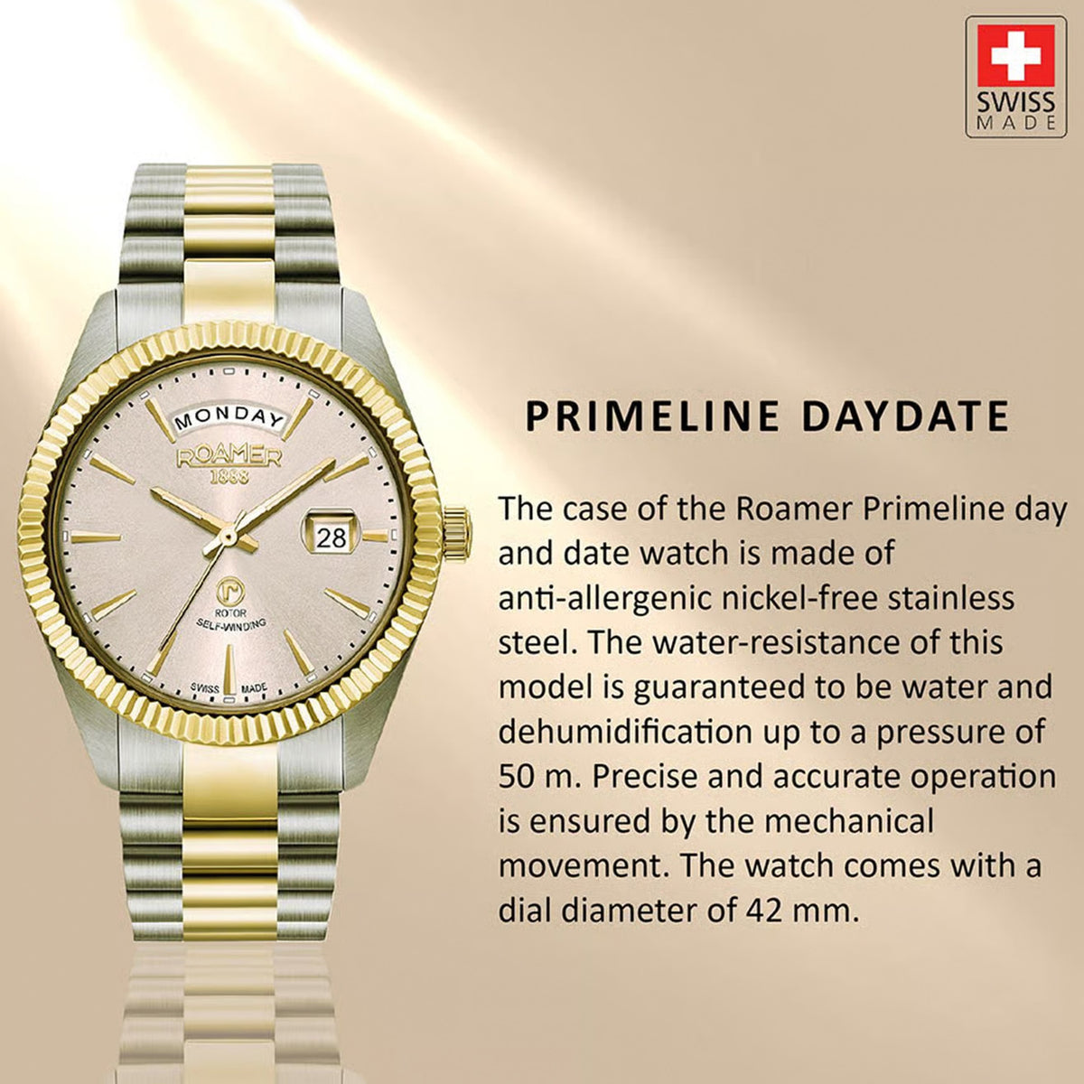Primeline Daydate Men Mechanical Beige Dial Analog Stainless Steel Watch 981662 48 15 90