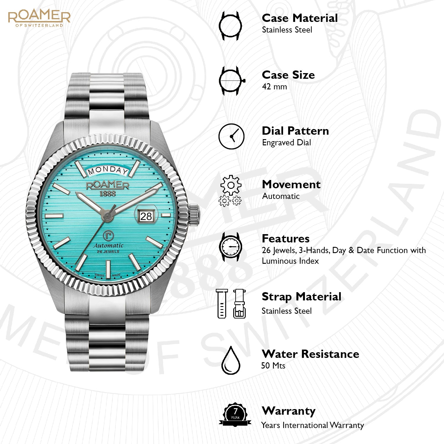 Primeline Daydate Ii Men Automatic Blue Dial Analog Stainless Steel Watch 981666 41 05 50