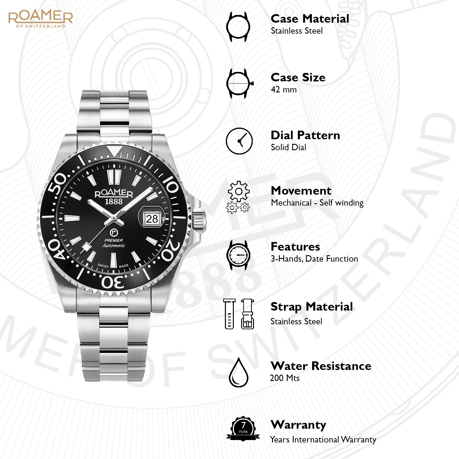 Premier Men Mechanical Black Sunray Dial Analog Stainless Steel Watch 986983 41 85 20