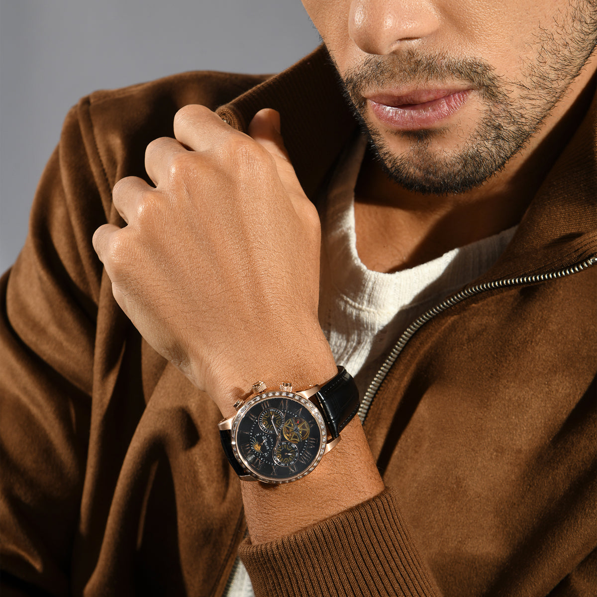Orbit Men Automatic Black Dial Multi-Function Leather Watch 574-L30406
