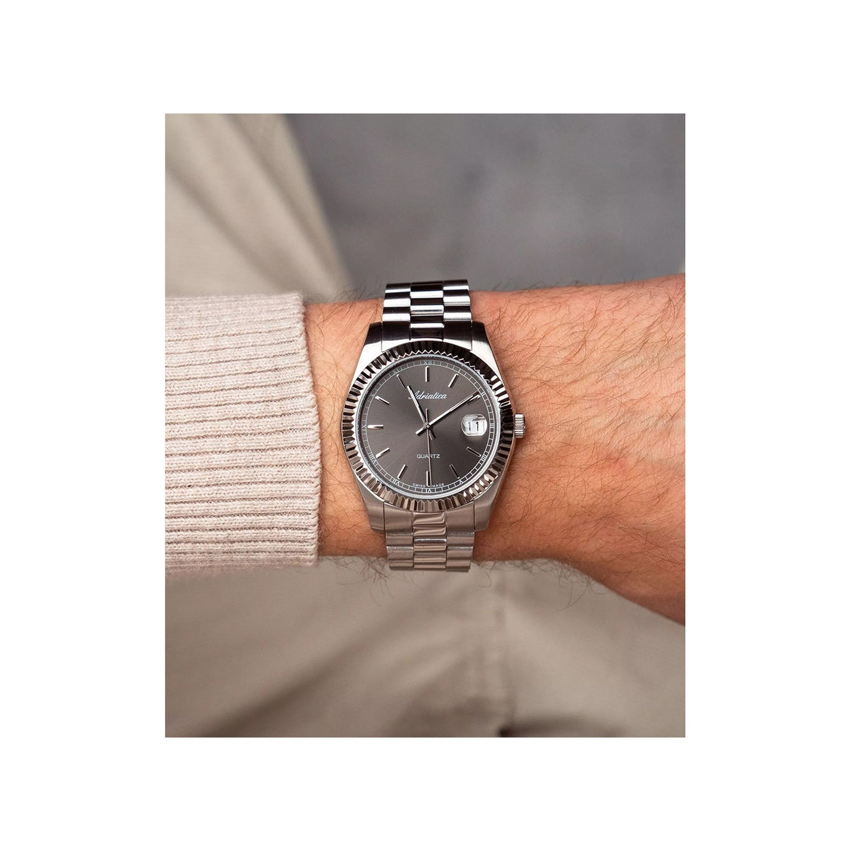 Pairs Men Quartz Grey Dial Analog Stainless Steel Watch A1090.5116Q