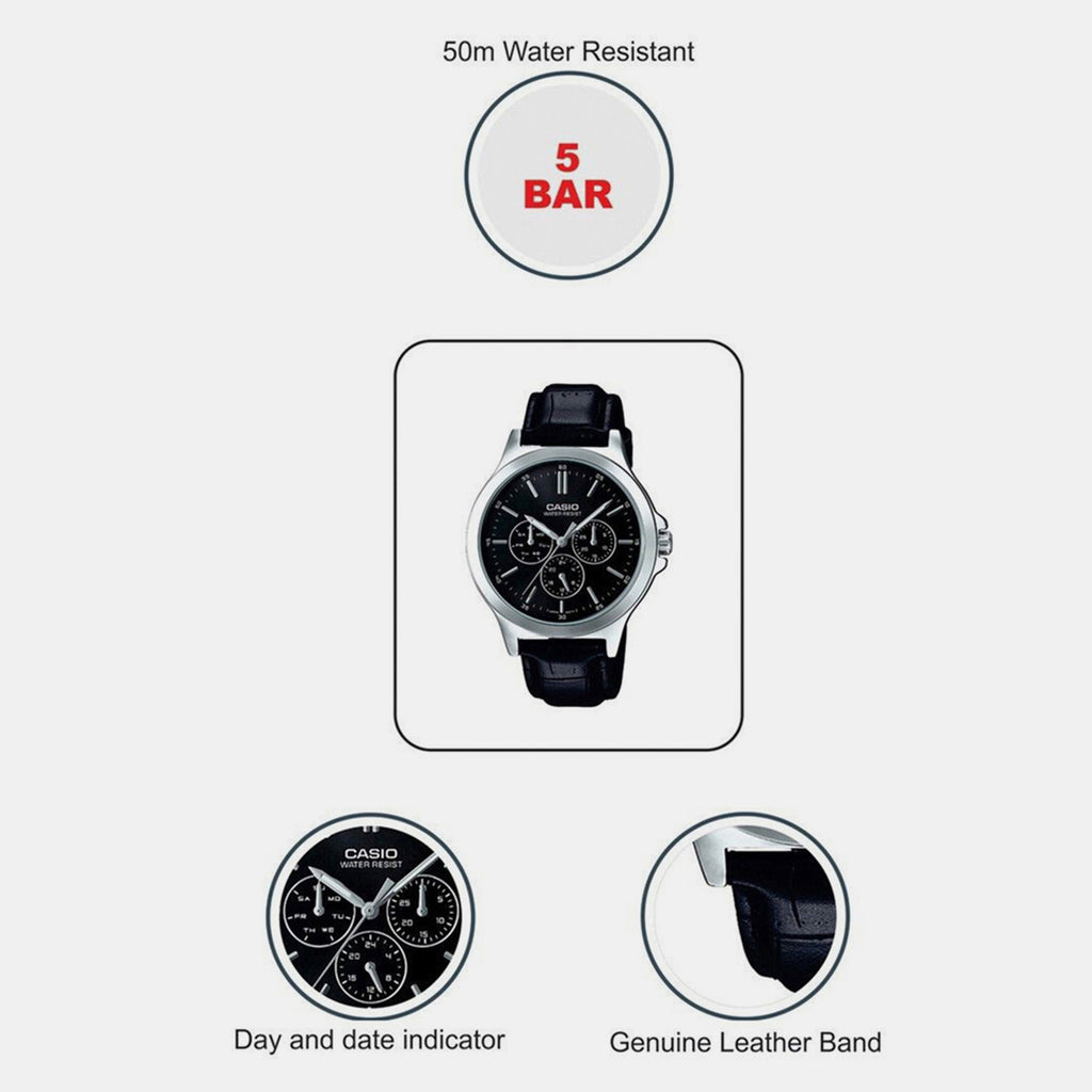 Enticer Men Quartz Black Dial Multi-Function Leather Watch A1176