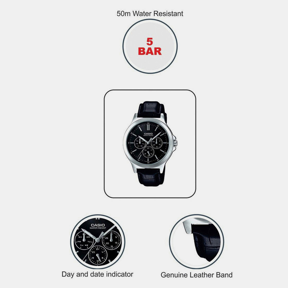 Enticer Men Quartz Black Dial Multi-Function Leather Watch A1176