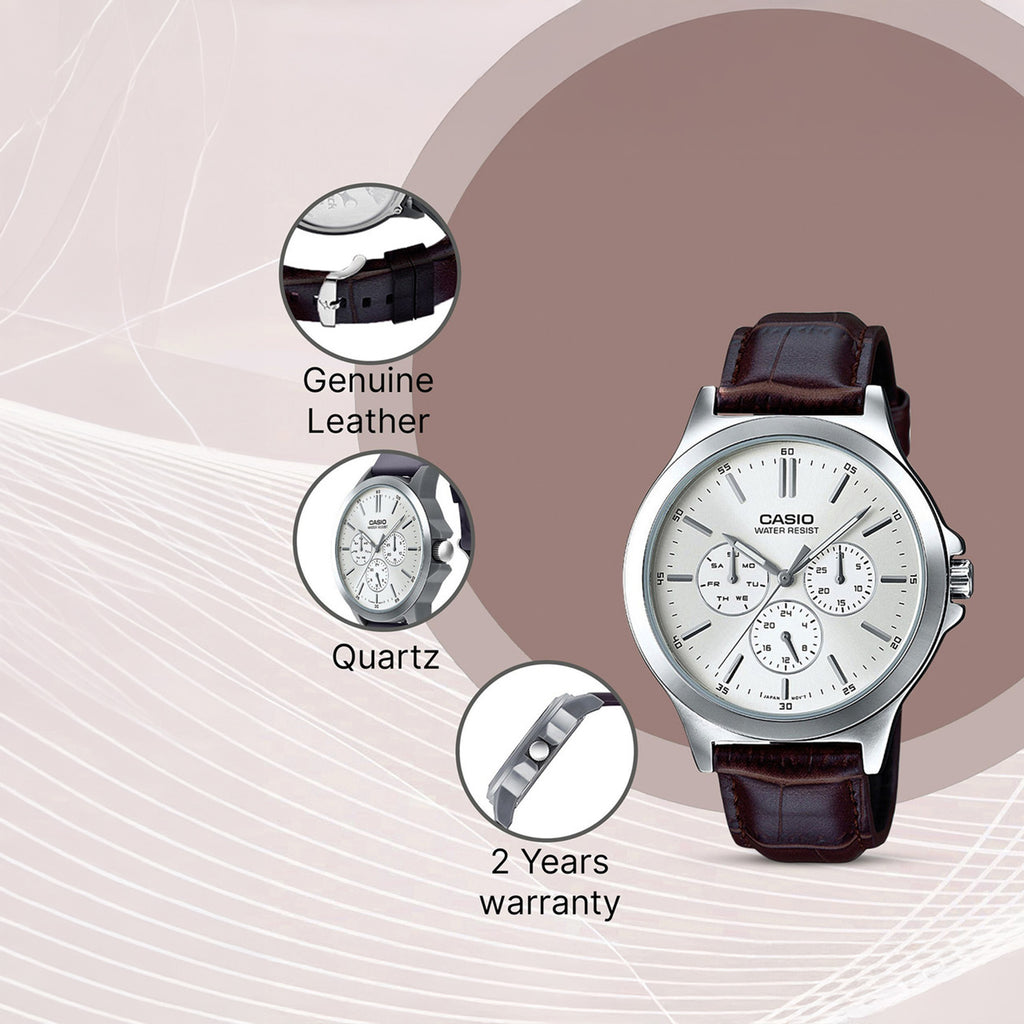 Enticer Men Quartz White Dial Multi-Function Leather Watch A1177