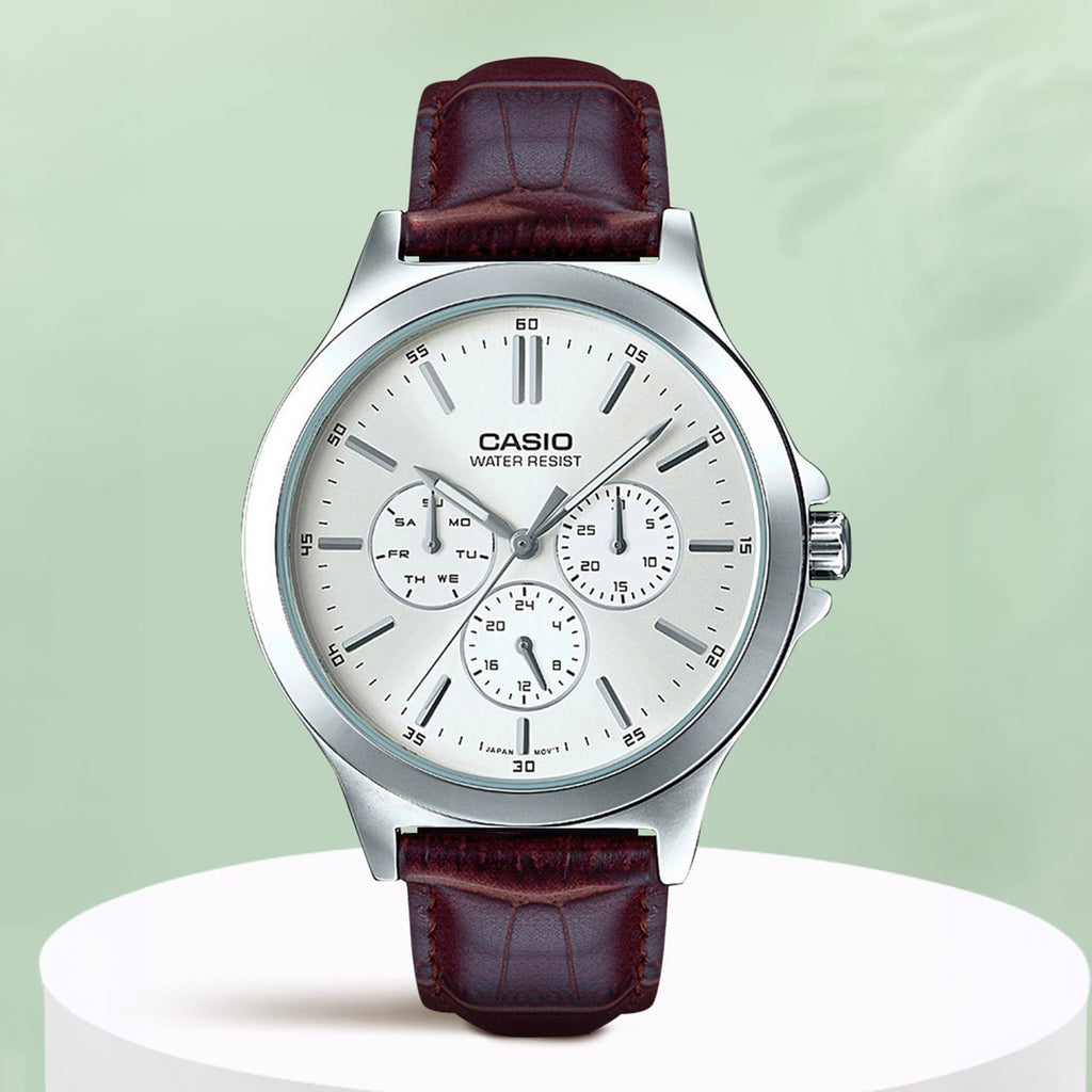 Enticer Men Quartz White Dial Multi-Function Leather Watch A1177