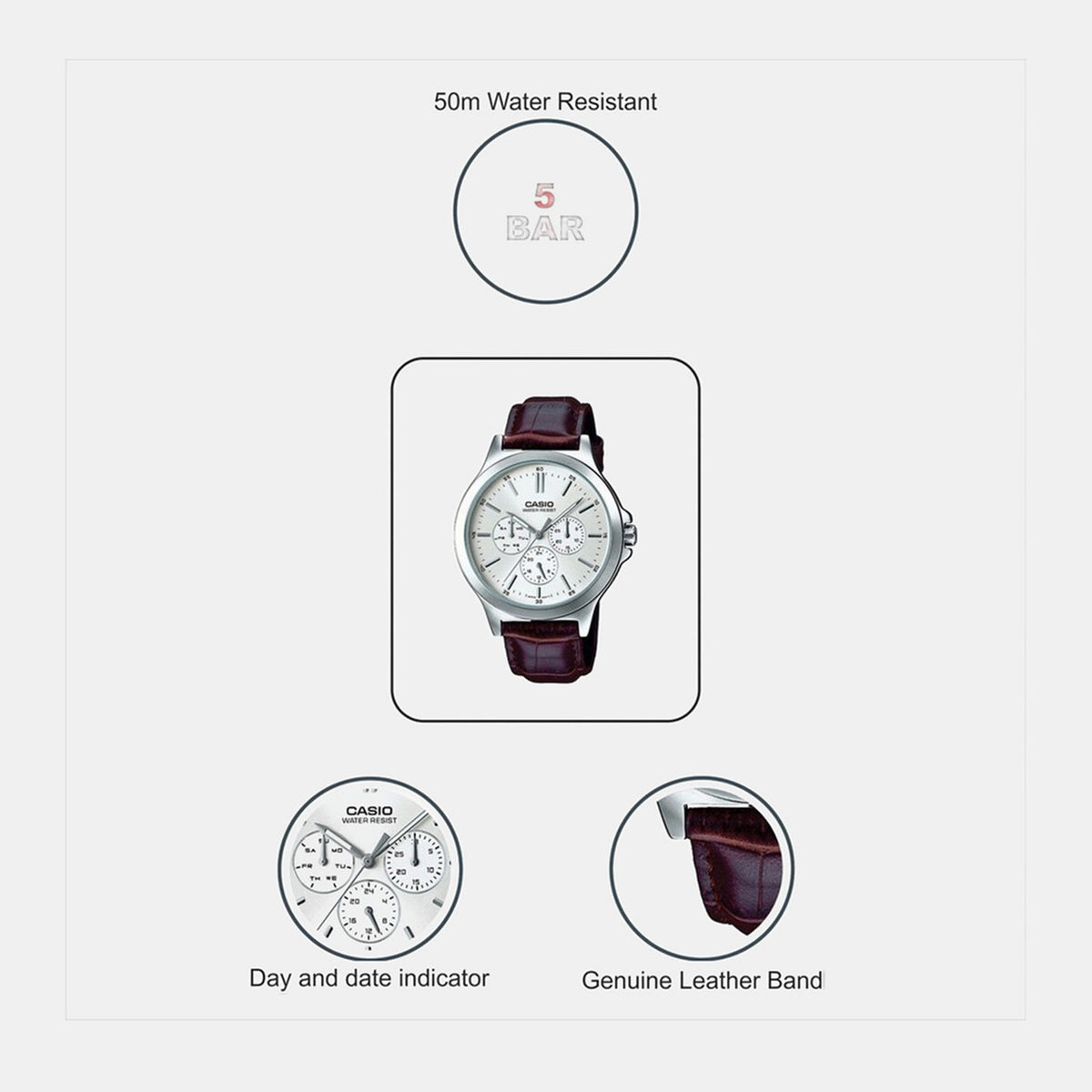 Enticer Men Quartz White Dial Multi-Function Leather Watch A1177