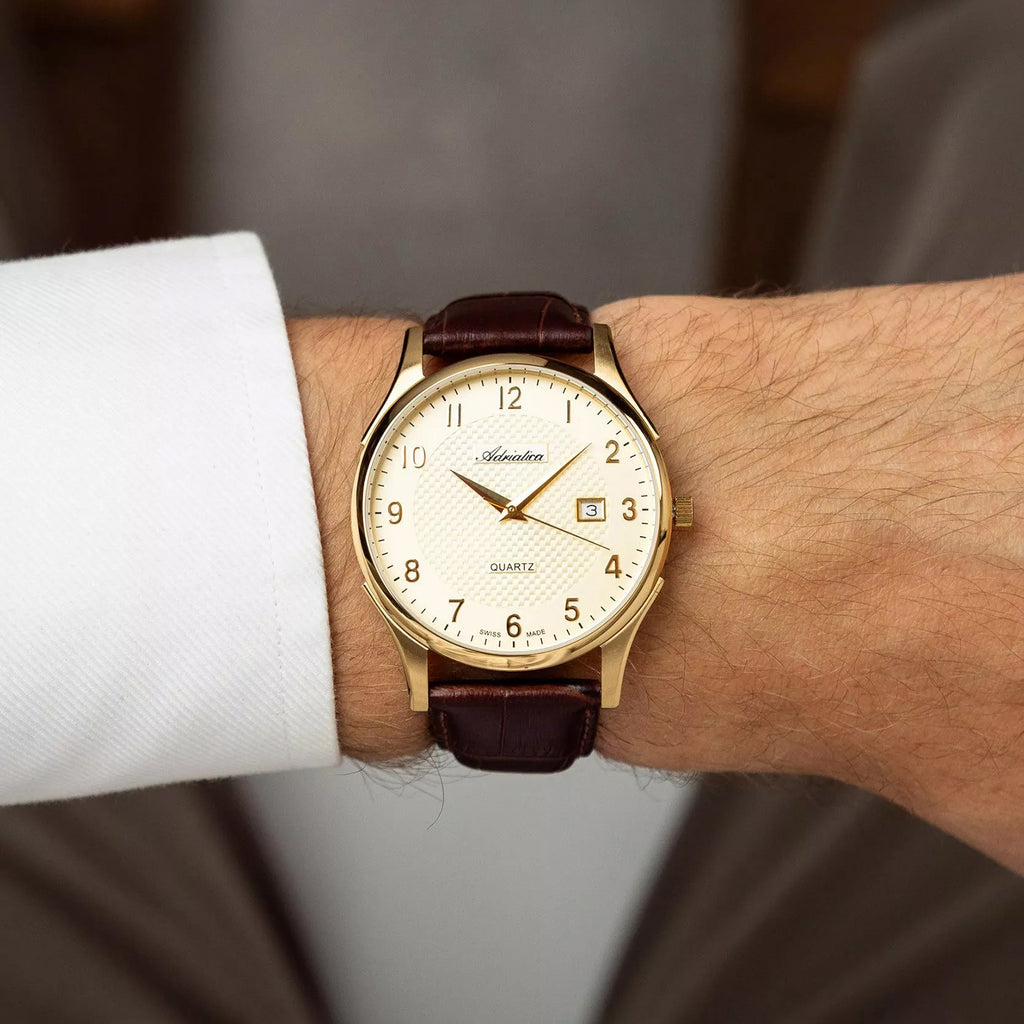 Pairs Men Quartz Champagne Dial Analog Leather Watch A1246.1221Q