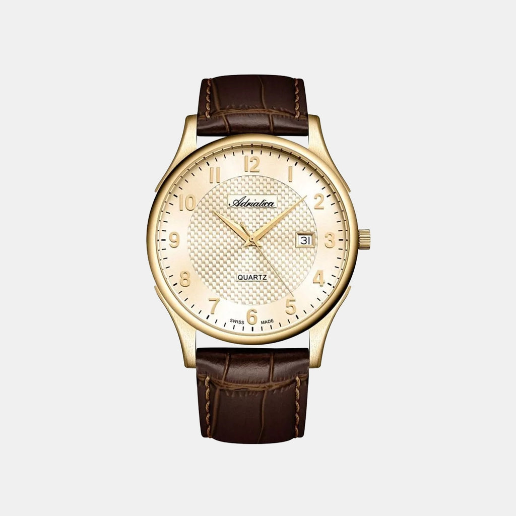 Pairs Men Quartz Champagne Dial Analog Leather Watch A1246.1221Q