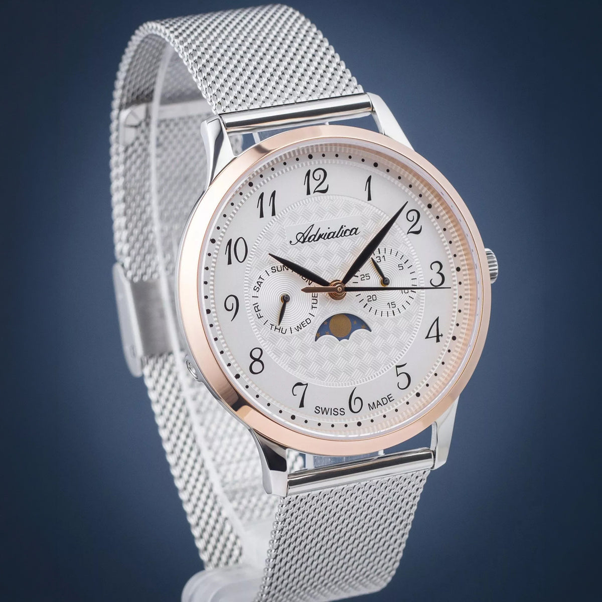 Moonphase Men Quartz Silver Dial Analog Mesh Watch A1274.R123QF