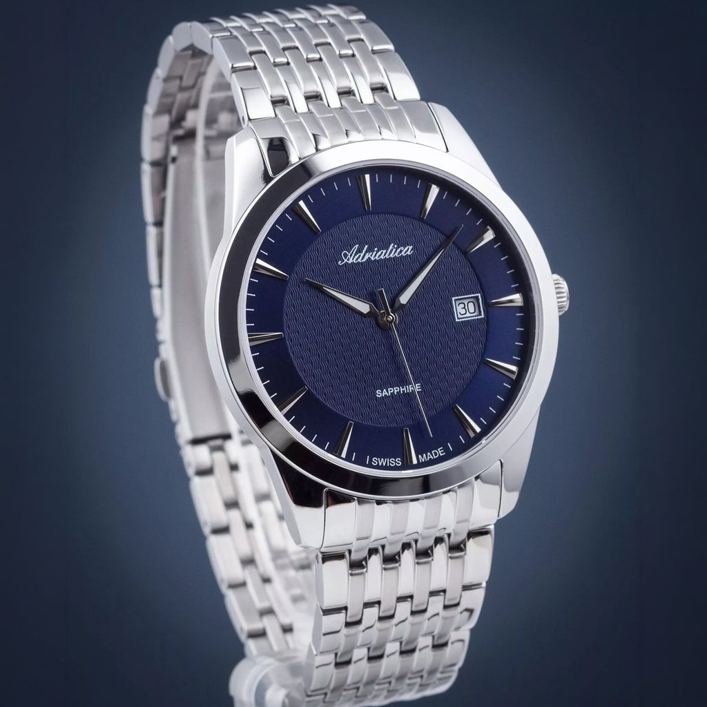 Pairs Men Quartz Blue Dial Analog Stainless Steel Watch A1288.5115Q