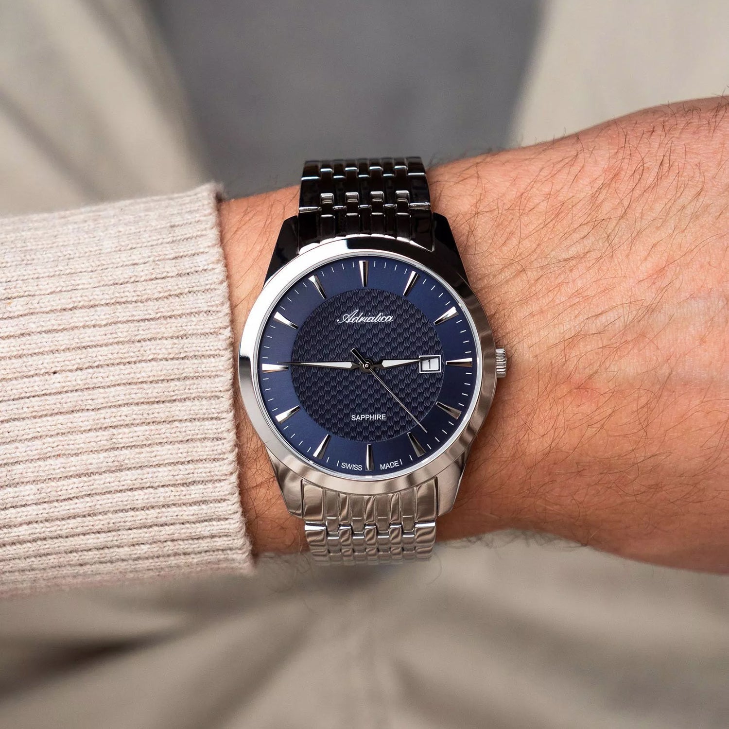 Pairs Men Quartz Blue Dial Analog Stainless Steel Watch A1288.5115Q