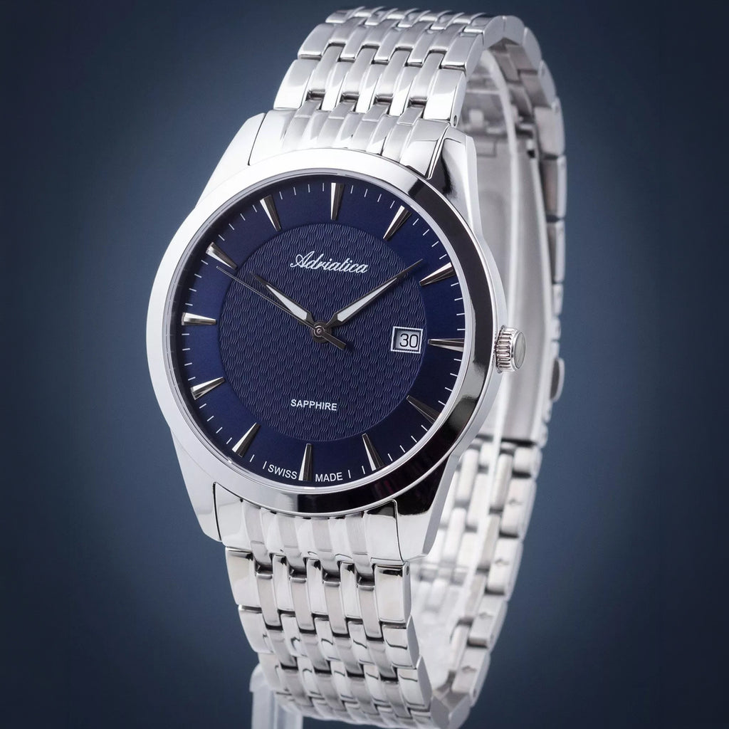 Pairs Men Quartz Blue Dial Analog Stainless Steel Watch A1288.5115Q