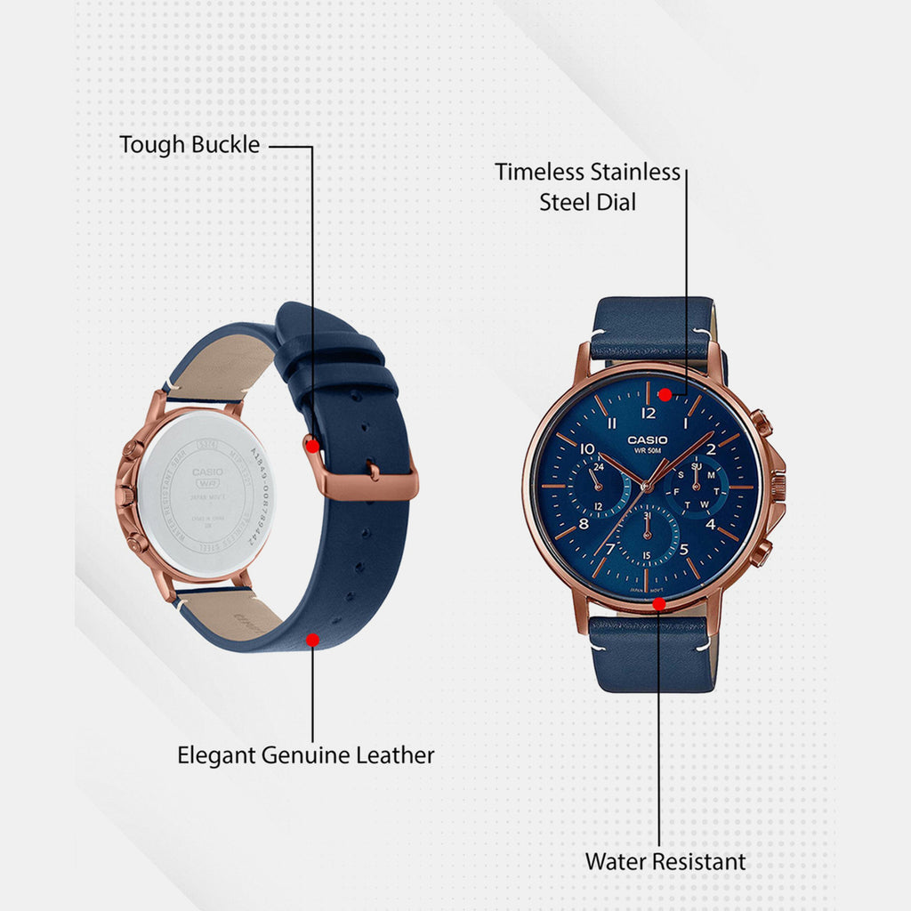 Enticer Men Quartz Blue Dial Chronograph Leather Watch A1849