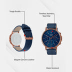Enticer Men Quartz Blue Dial Chronograph Leather Watch A1849