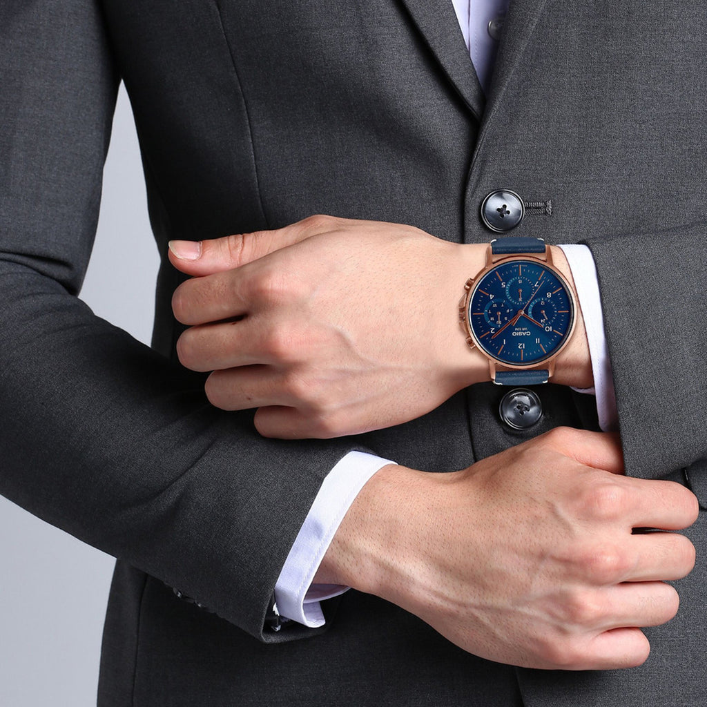 Enticer Men Quartz Blue Dial Chronograph Leather Watch A1849