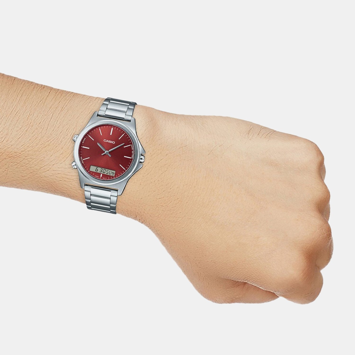 Enticer Men Quartz Red Dial Analog-Digital Stainless Steel Watch A1926