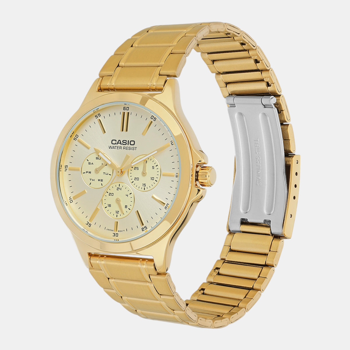 Enticer Men Quartz Gold Dial Multi-Function Stainless Steel Watch A2319