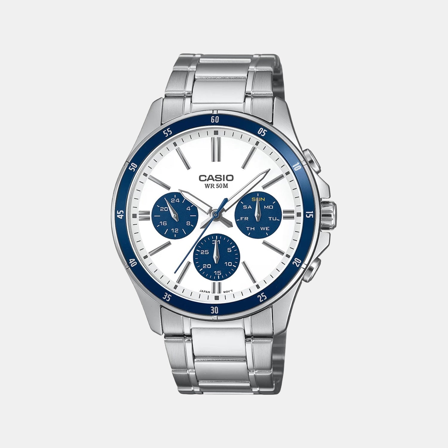 Enticer Men Quartz White & Blue Dial Multi-Function Stainless Steel Watch A2348