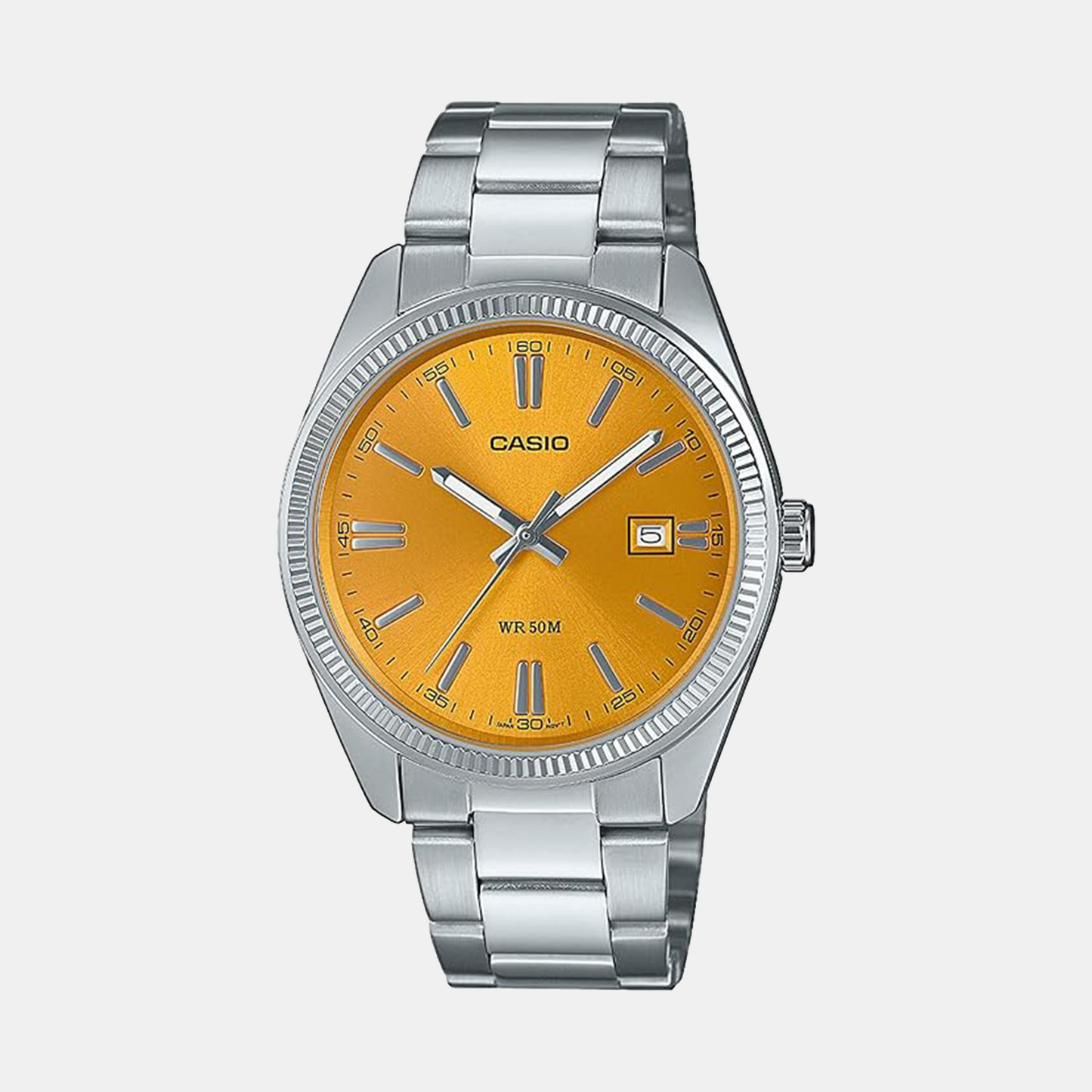 Casio Enticer Men Quartz Yellow Dial Analog Stainless Steel Watch