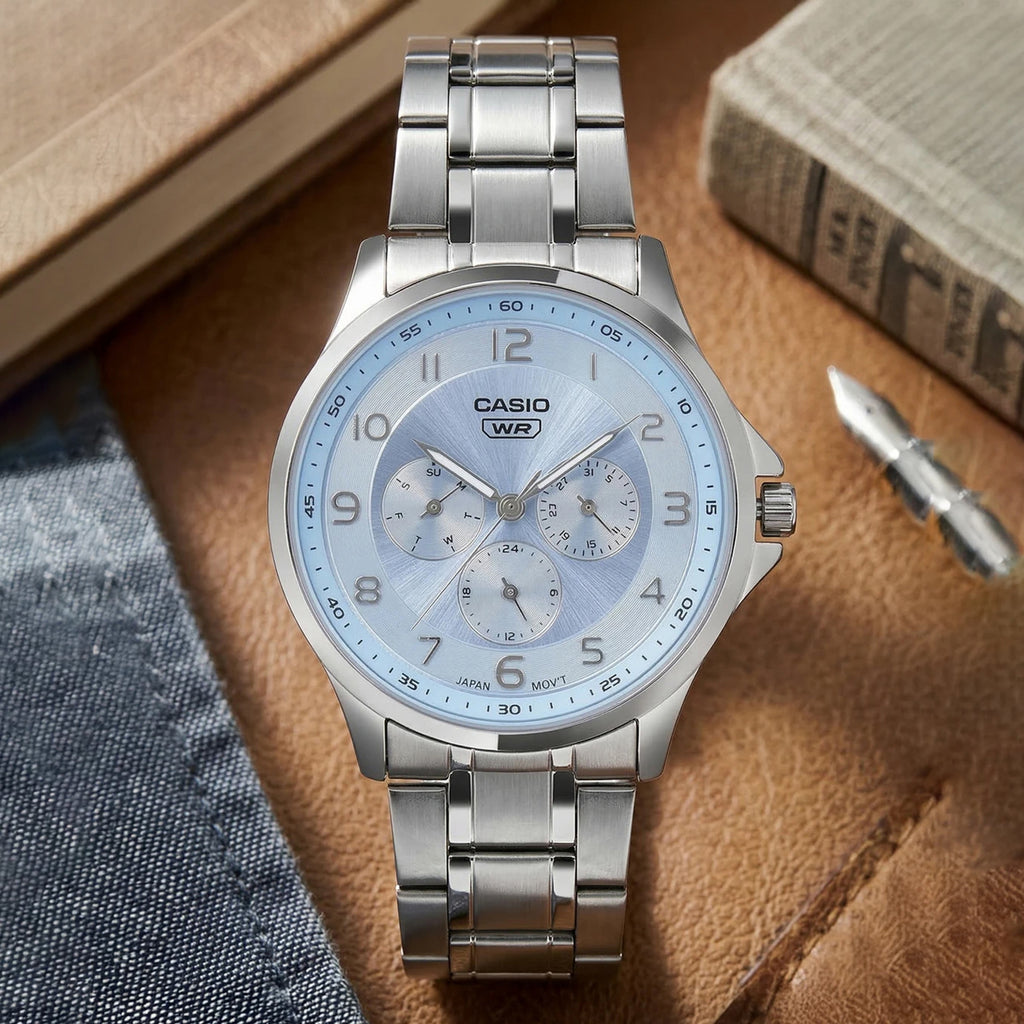 Men Quartz Blue Dial Multi-Function Stainless Steel Watch A2451