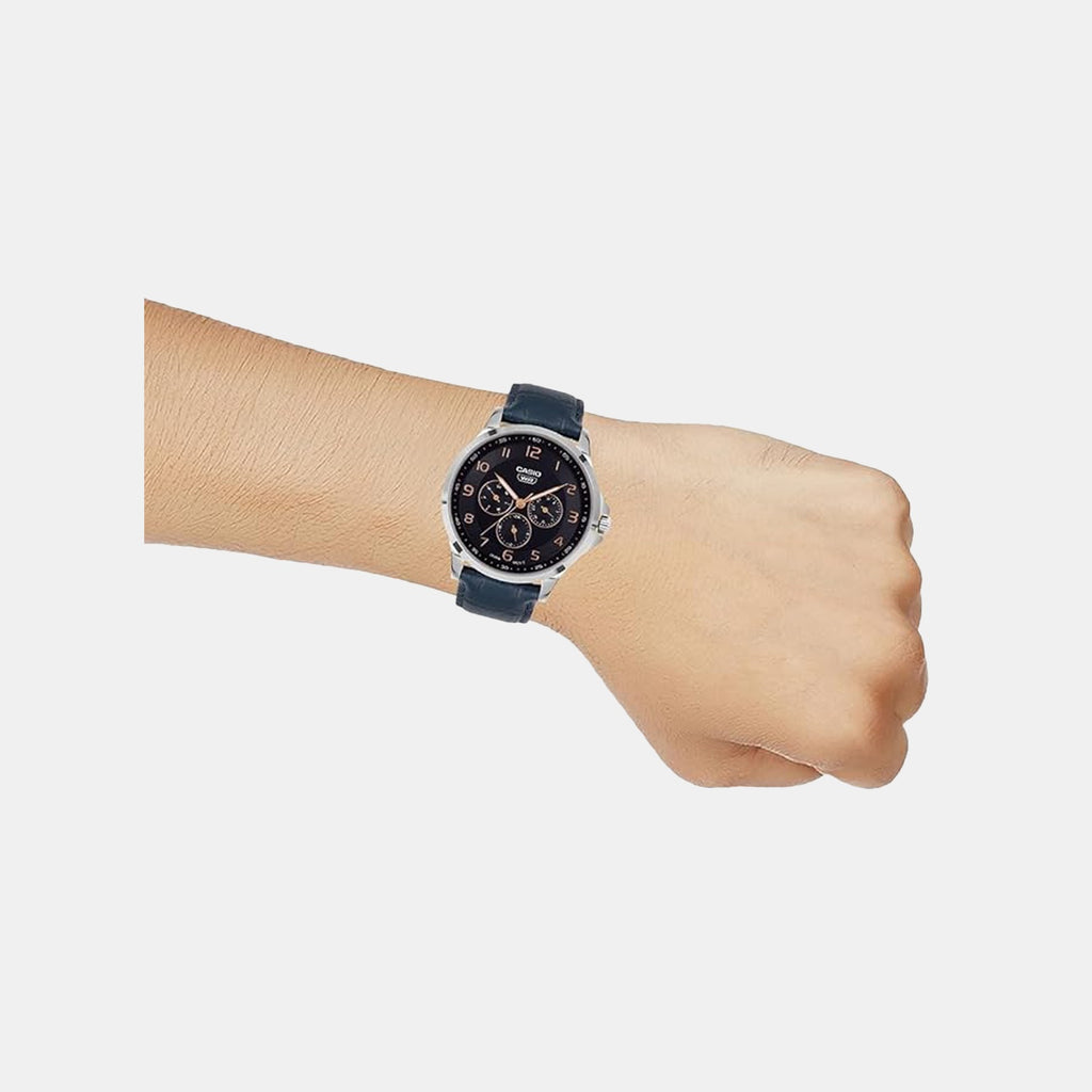 Men Quartz Dark Blue Dial Multi-Function Leather Watch A2455