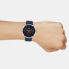 Men Quartz Blue Dial Multi-Function Leather Watch A2455