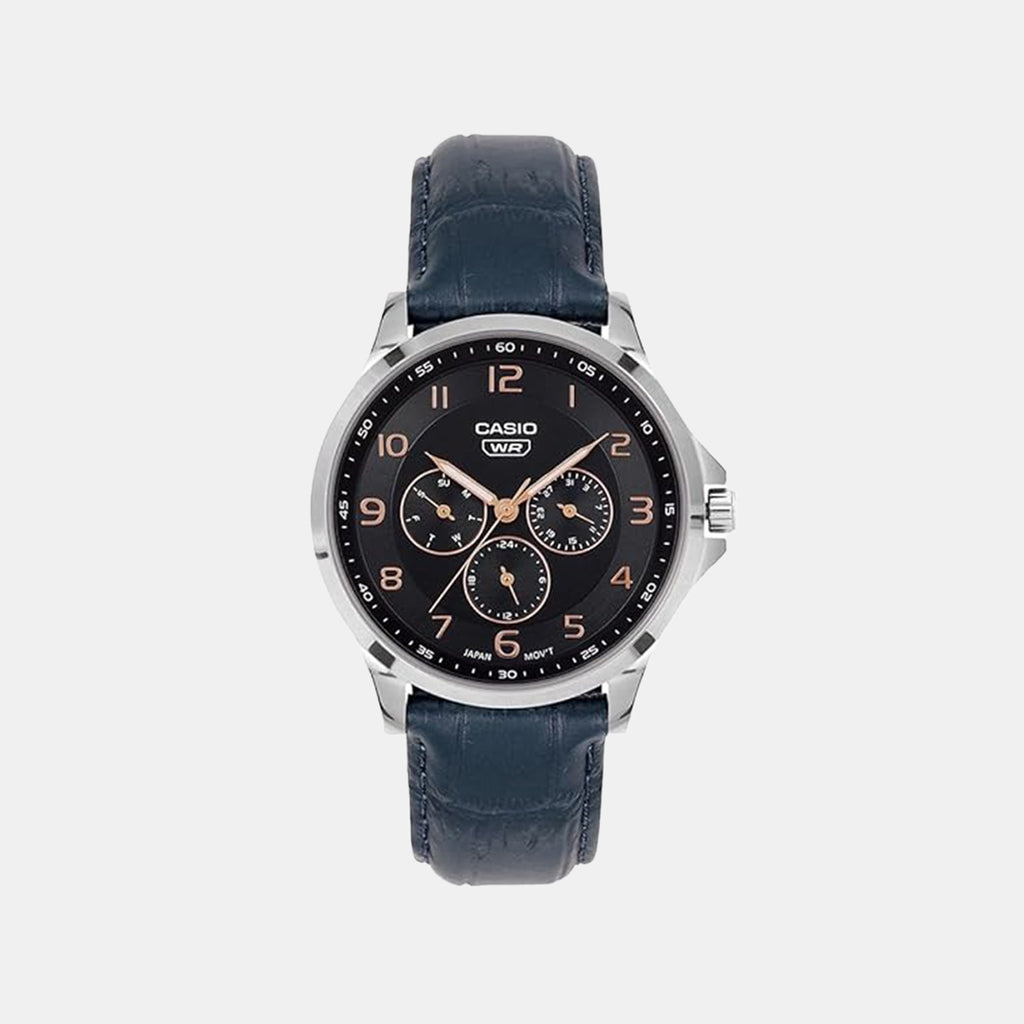 Men Quartz Dark Blue Dial Multi-Function Leather Watch A2455