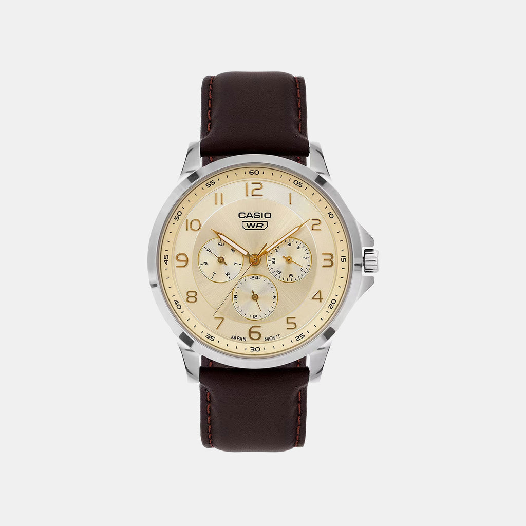 Enticer Men Quartz Yellow Dial Multi-Function Leather Watch A2457