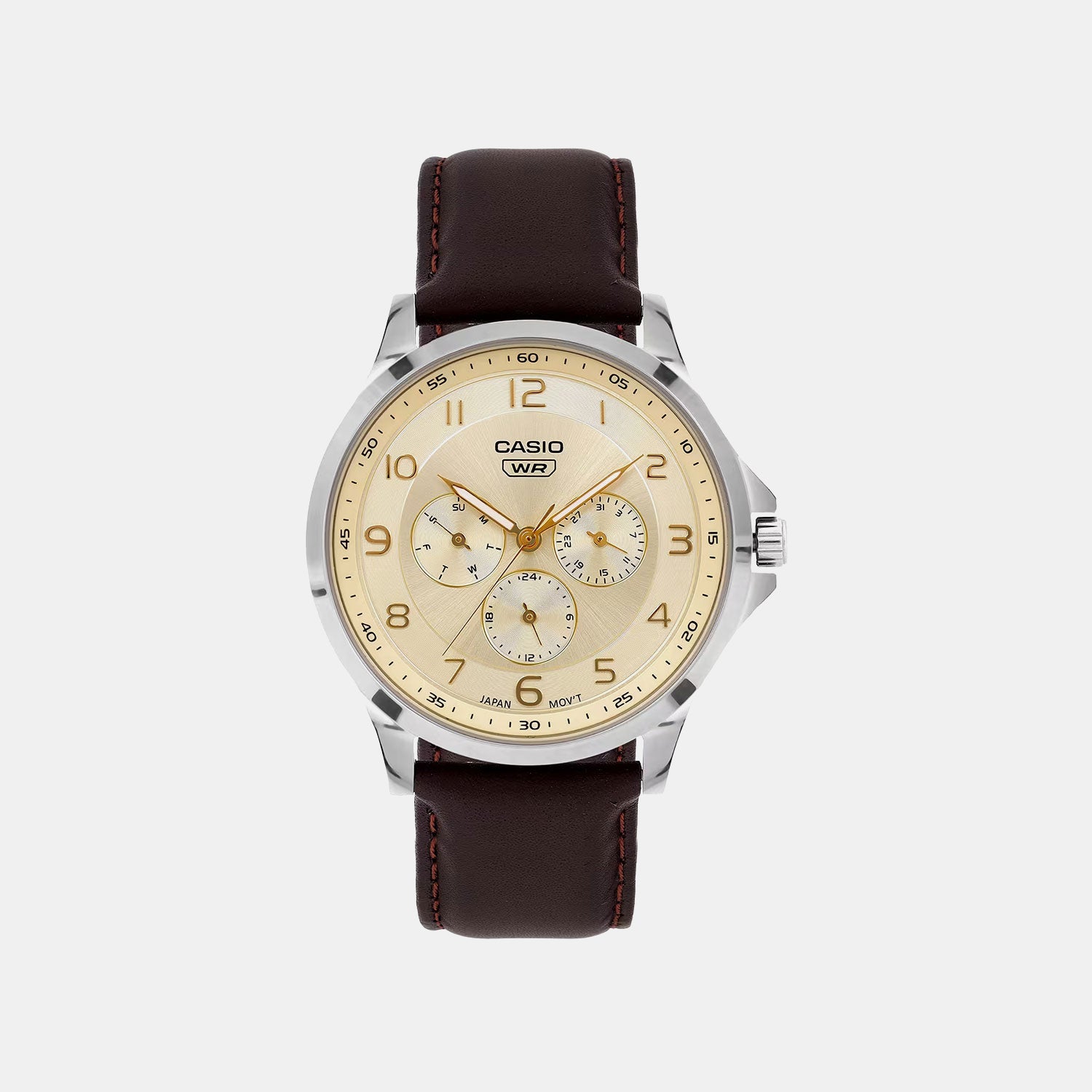 Men Quartz Yellow Dial Multi-Function Leather Watch A2457