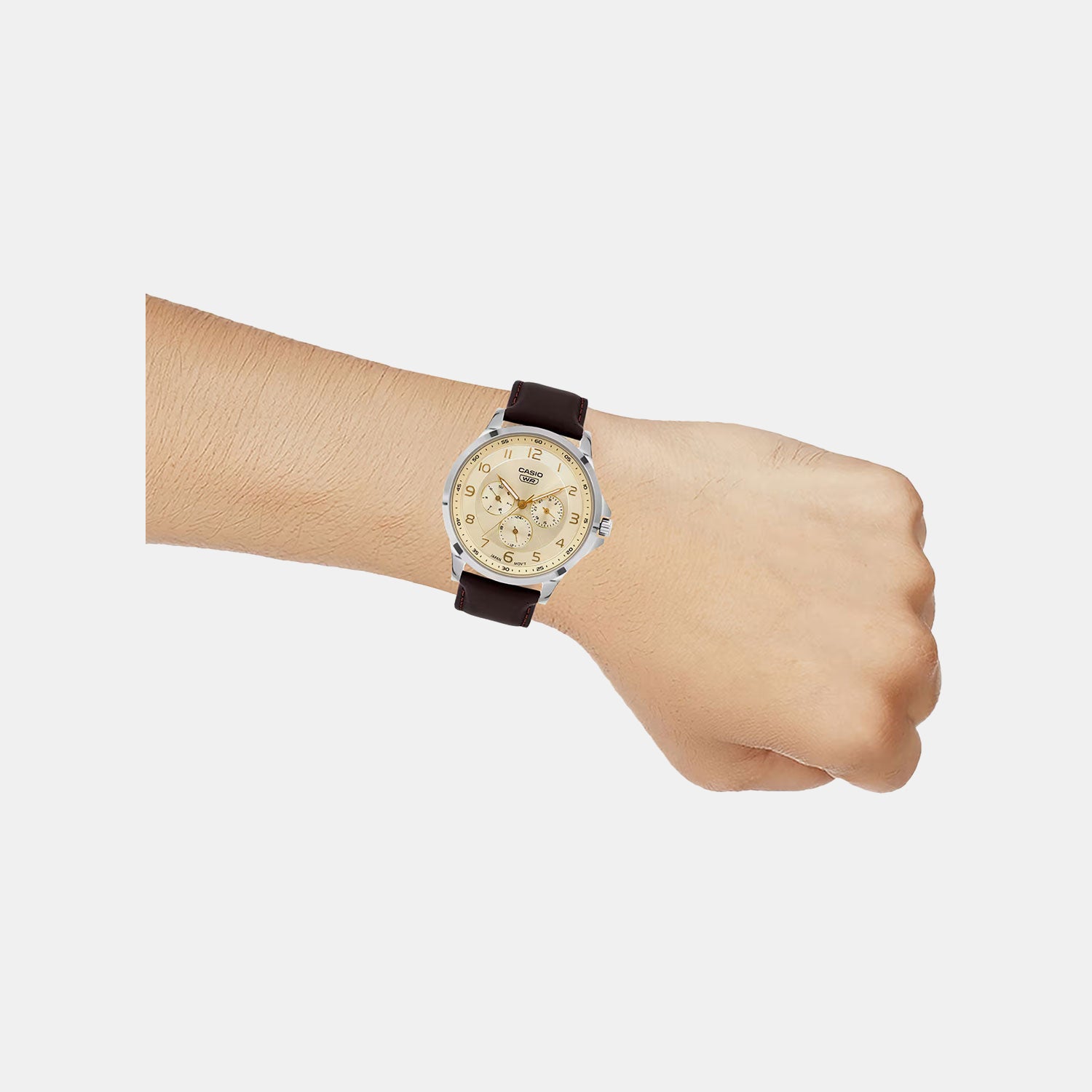 Men Quartz Yellow Dial Multi-Function Leather Watch A2457