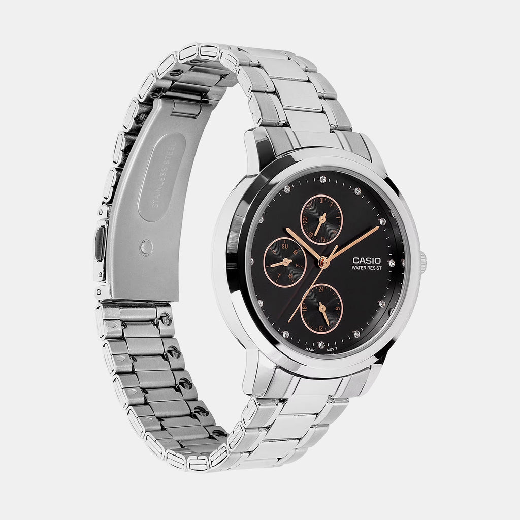 Women Quartz Black Dial Analog Stainless Steel Watch A2491