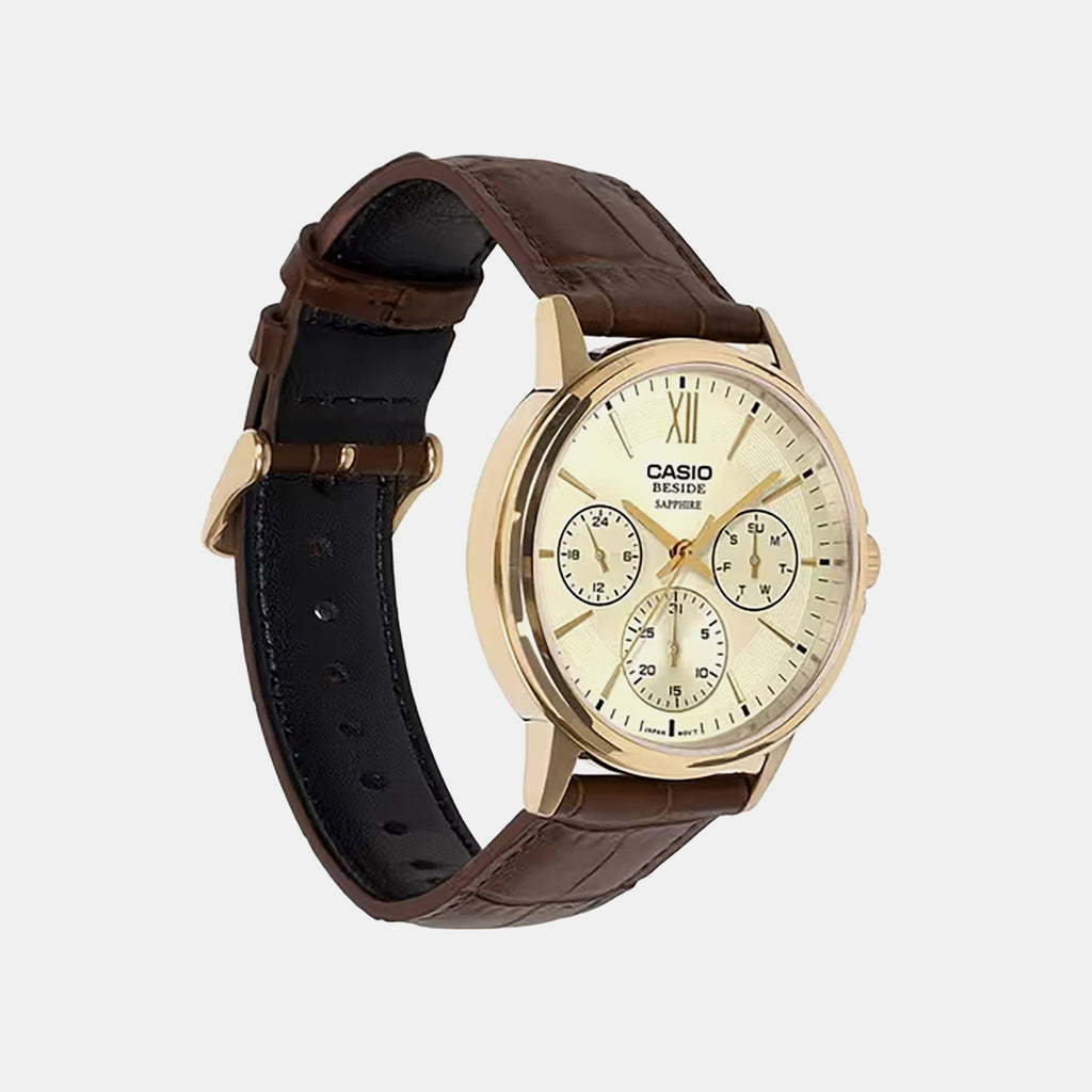 Men Quartz Champagne Dial Analog Leather Watch A2543