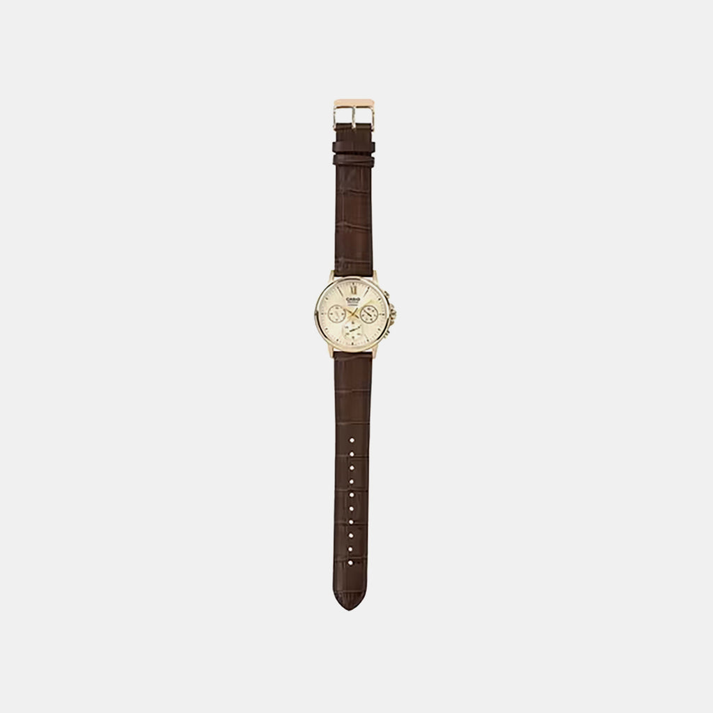 Men Quartz Champagne Dial Analog Leather Watch A2543